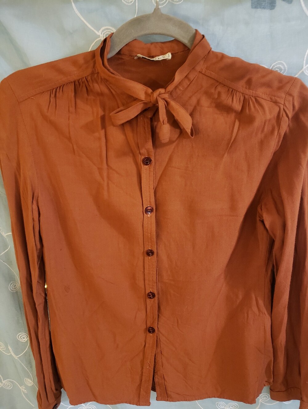 Vintage Muney Burnt Orange Tie Neck Blouse Boho Button Down Long Sleeve Top S/M